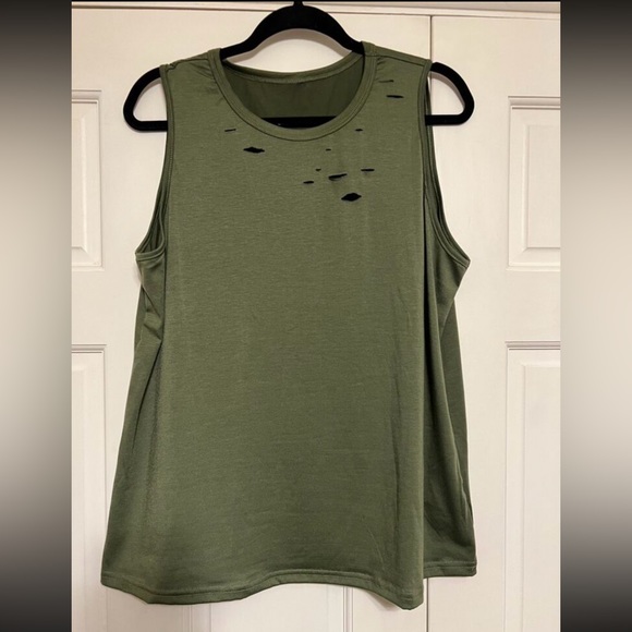Green Tank Top Distressed Cut Holes Shirt Casual Stretchy - Picture 8 of 8